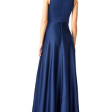 Abito lungo con drappeggio frontale in raso blu