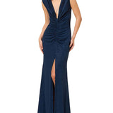 Abito lungo scollo profondo in lurex blu