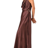 Abito lungo in raso con scollo halter cioccolato