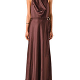 Abito lungo in raso con scollo halter cioccolato