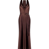 Abito lungo in raso con scollo halter cioccolato