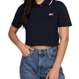 Polo crop logo badge blu notte