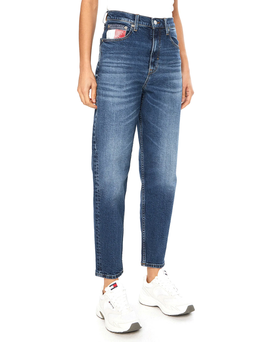 Jeans mom vita alta in denim scuro