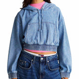 Felpa crop con cappuccio in denim medio