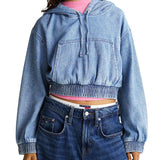 Felpa crop con cappuccio in denim medio