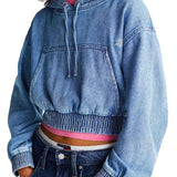 Felpa crop con cappuccio in denim medio