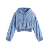 Felpa crop con cappuccio in denim medio