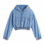 Felpa crop con cappuccio in denim medio