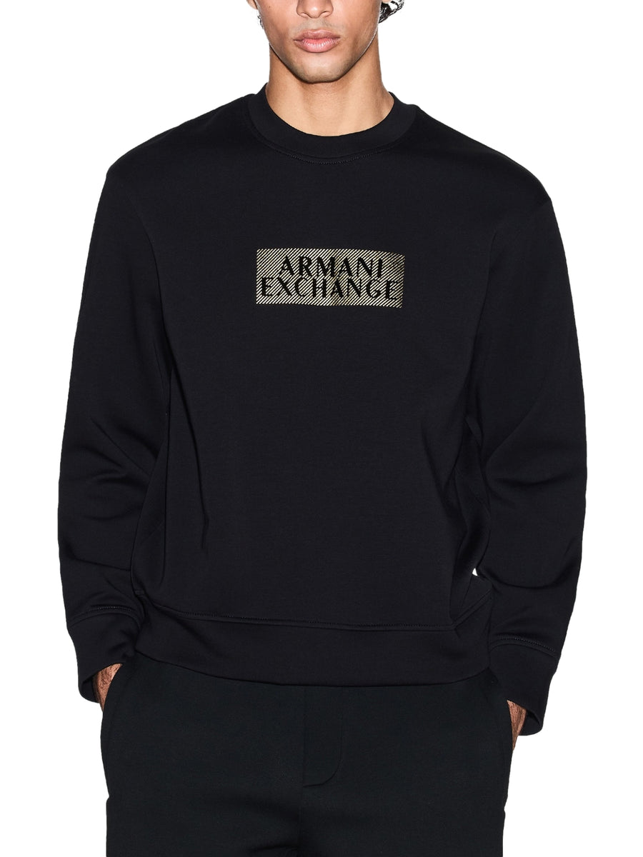 Felpa a girocollo senza cappuccio Armani Exchange uomo ricamo al petto nero diagonal