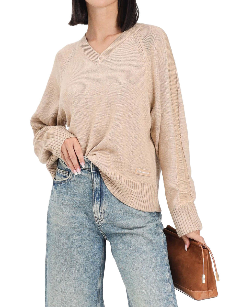 Maglioncino Armani Exchange donna con scollo a V sabbia