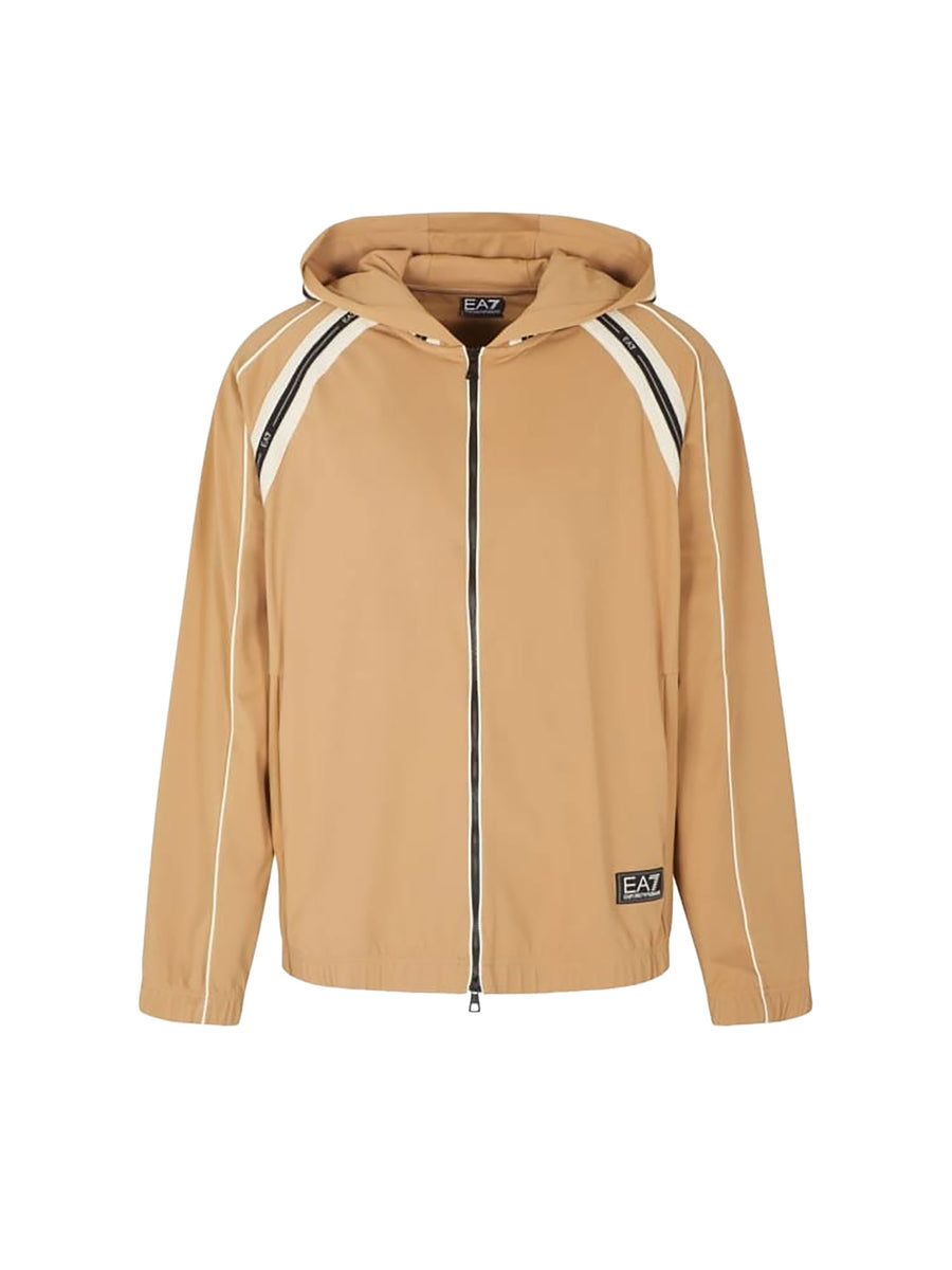 Felpa EA7 con zip nera da uomo arricchita da bande laterali e sul cappuccio con dettagli logo sabbia