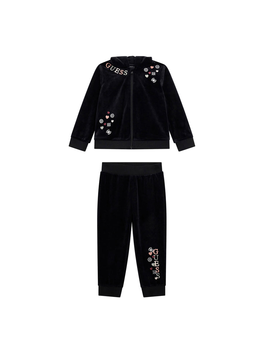 Completo 2 pz Guess bambina felpa con zip e cappuccio e jogger velluto con ricami nero