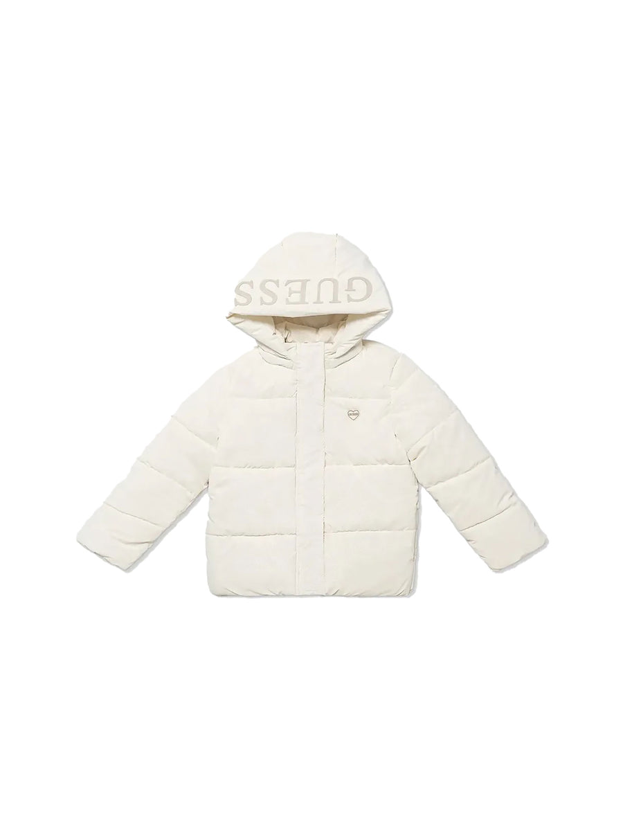 Piumino laminato con zip Guess bambina con logo sul cappuccio crema