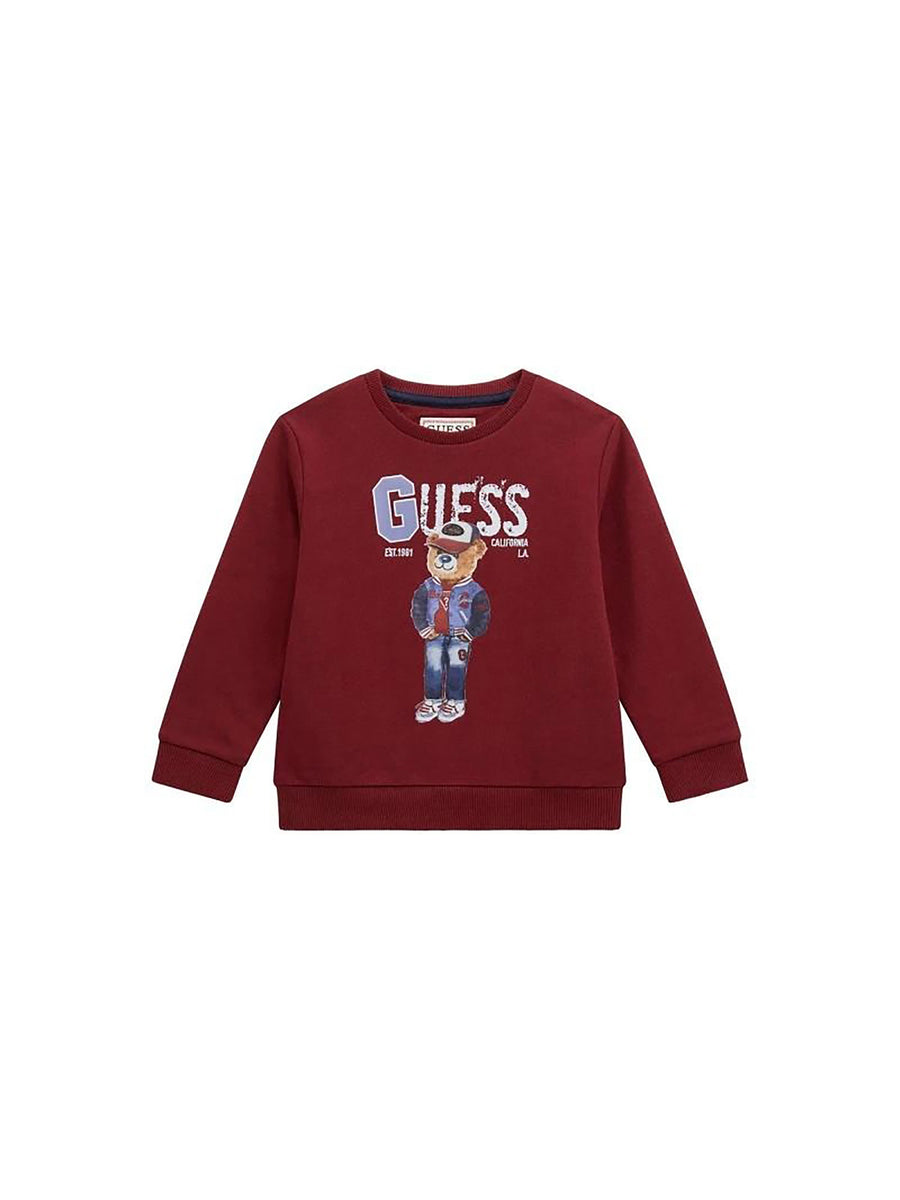 Felpa girocollo G logo Guess bambino stampa teddy vino