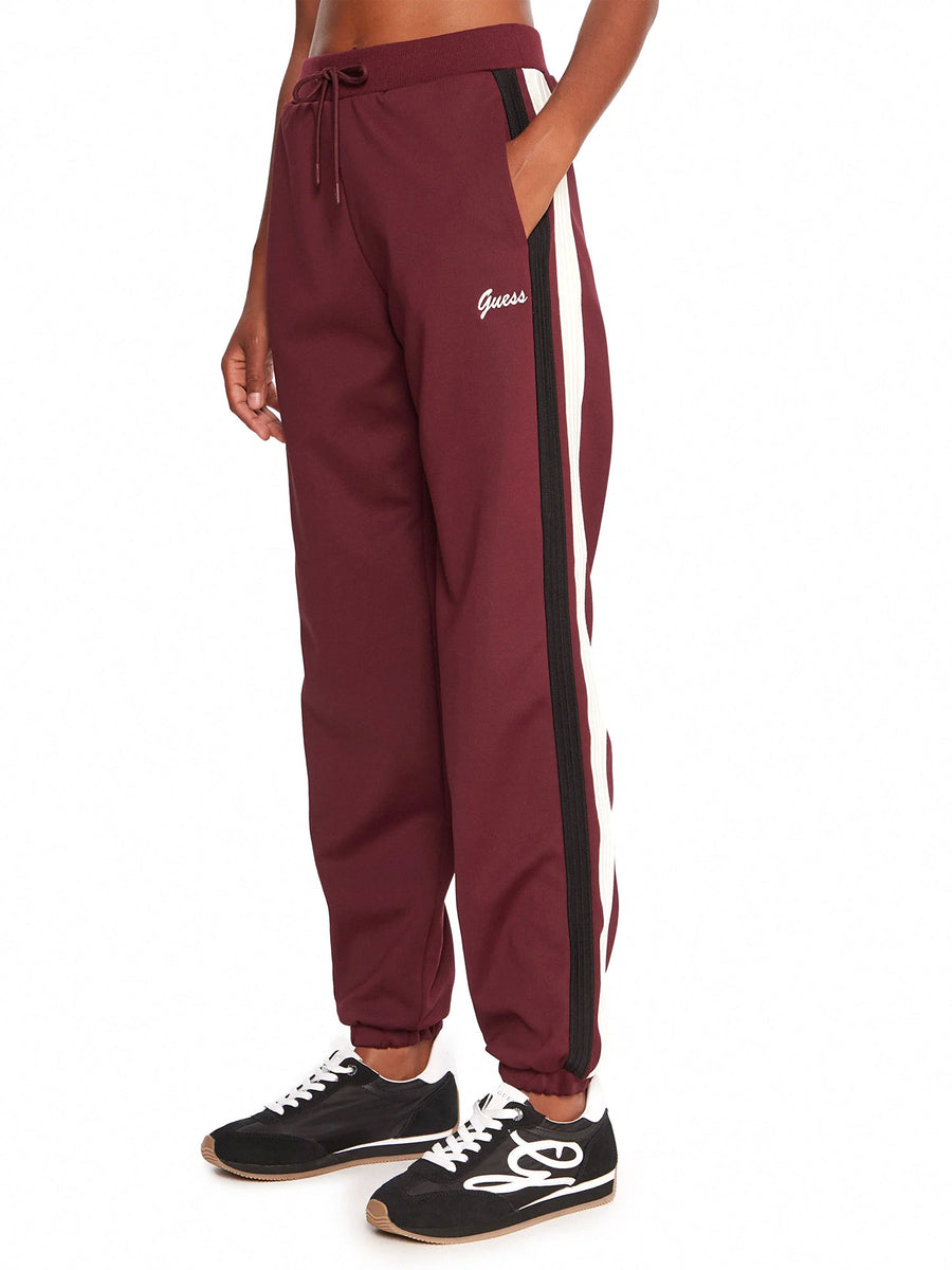 Pantalone jogger Guess donna Fabia con bande laterali a contrasto bordeaux