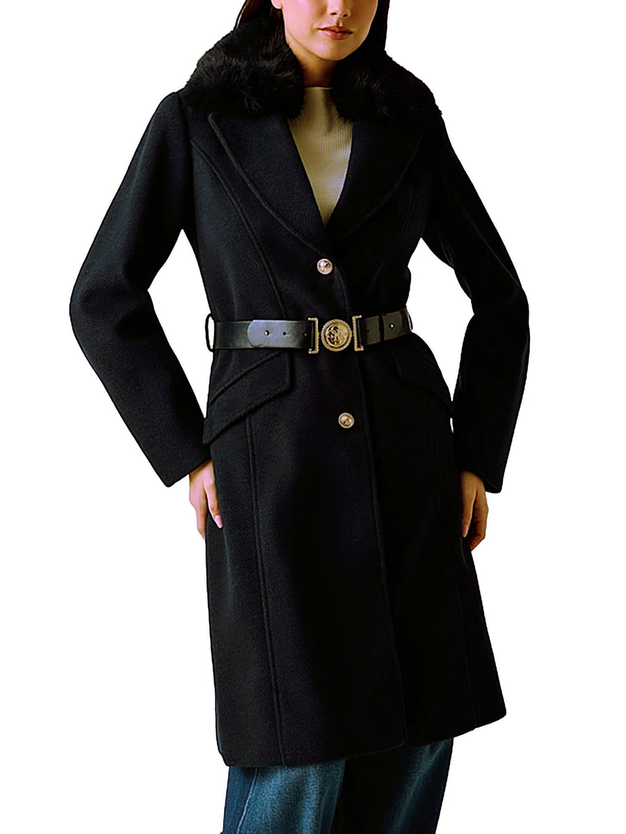 Cappotto con cintura Guess donna con pelliccetta nero