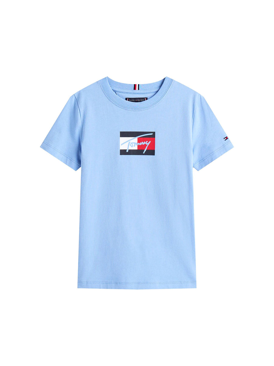 T-shirt manica corta Tommy Hilfiger bambino script flag stampa celeste