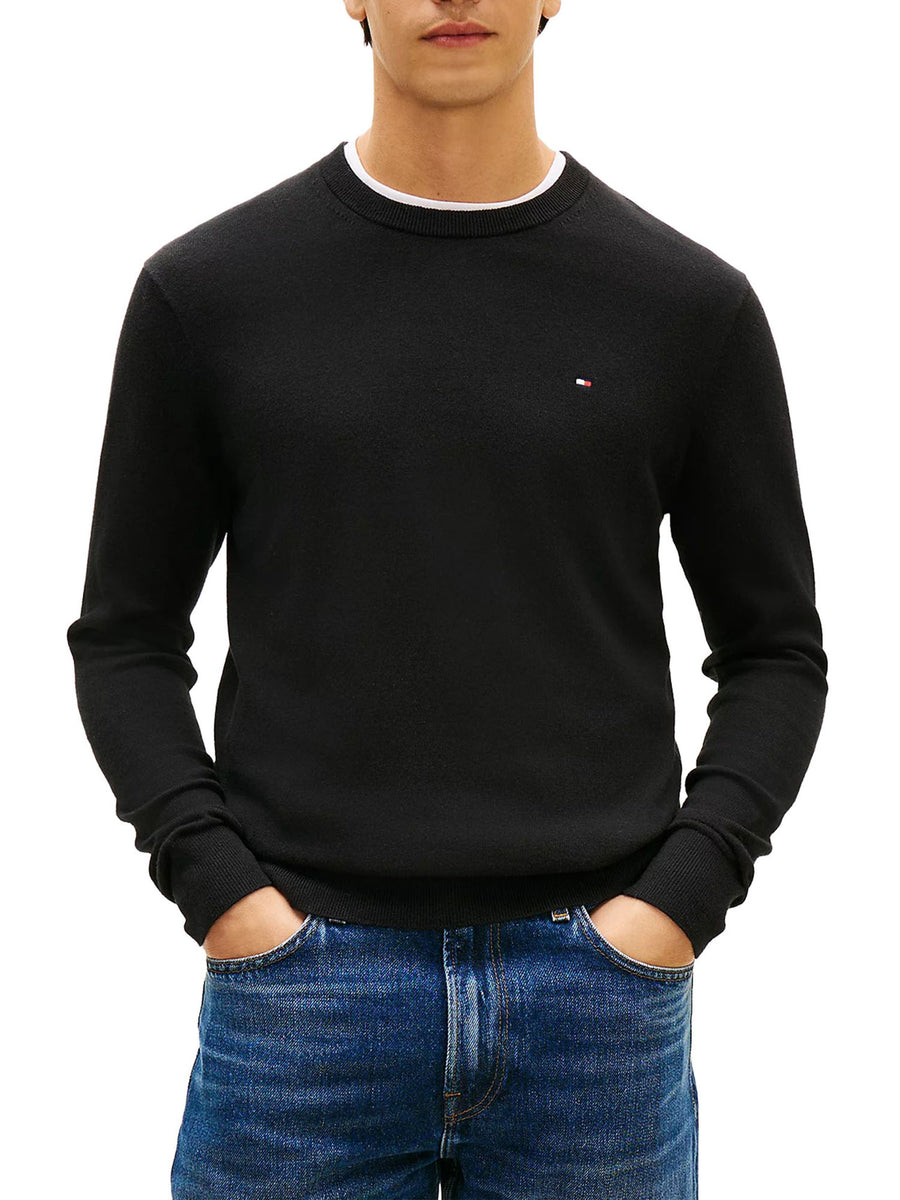Maglione girocollo Tommy Hilfiger pima cotton cashmere semolice con logo sul petto nero