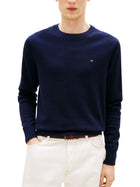 Maglione girocollo Tommy Hilfiger pima cotton cashmere semolice con logo sul petto blu