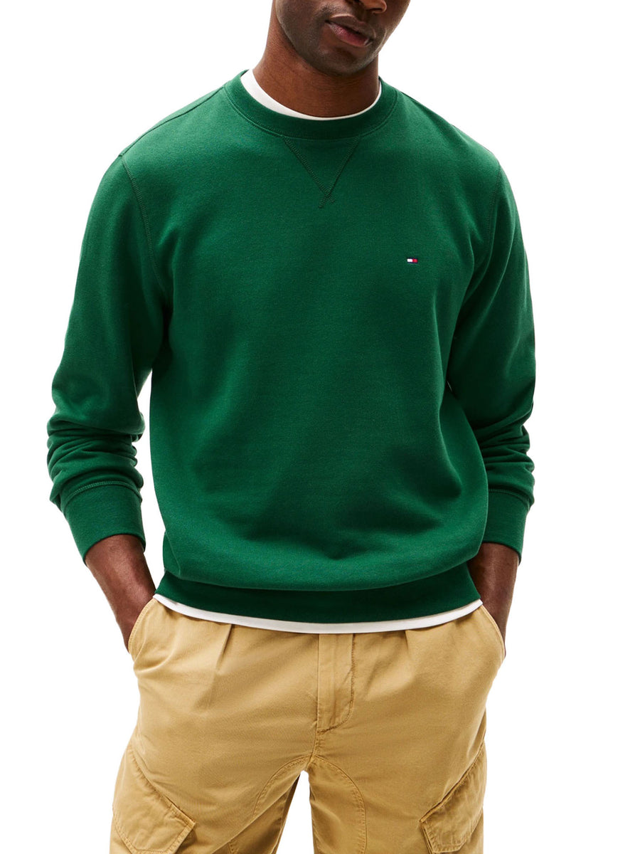 Felpa girocollo Tommy Hilfiger uomo con bandierina ricamata Essential verde