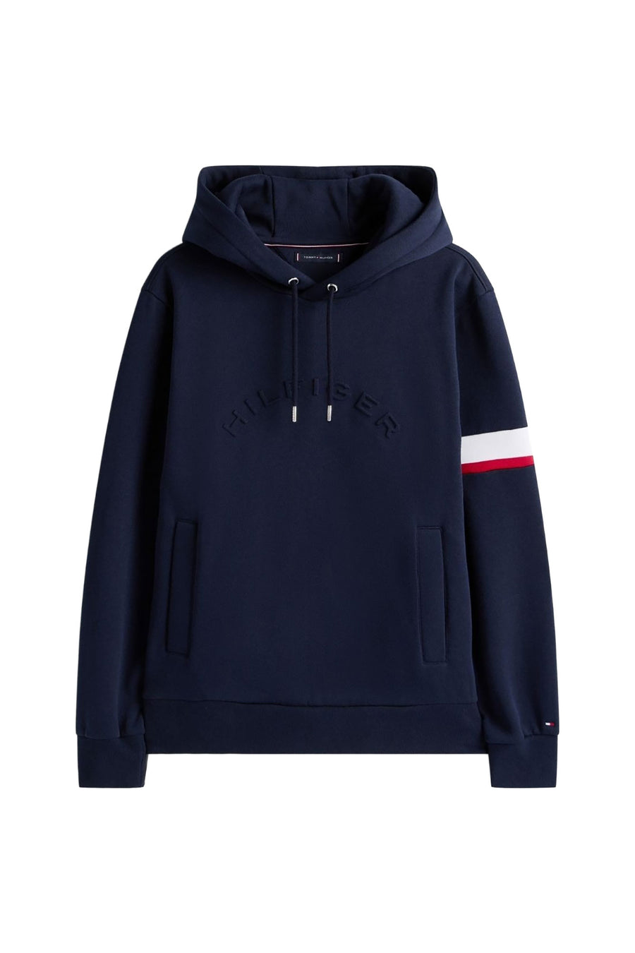 Felpa con cappuccio Tommy Hilfiger uomo con logo in rilievo e dettaglio su manica blu