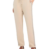 Pantaloni jogging in scuba con banda strass champagne