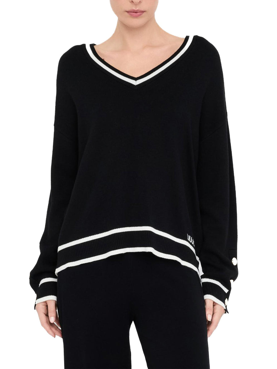 Maglia LiuJo con scollo a V eprofili a contrasto nero/bianco