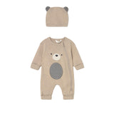 Tutina neonato in felpa con cappellino orsetto beige