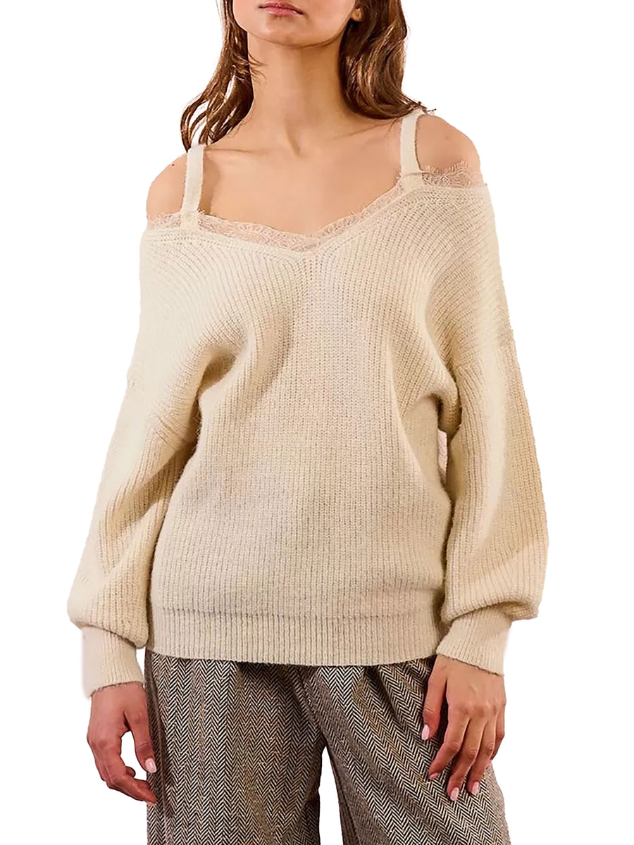 Girocollo Molly Bracken donna manica lunga off-shoulder panna