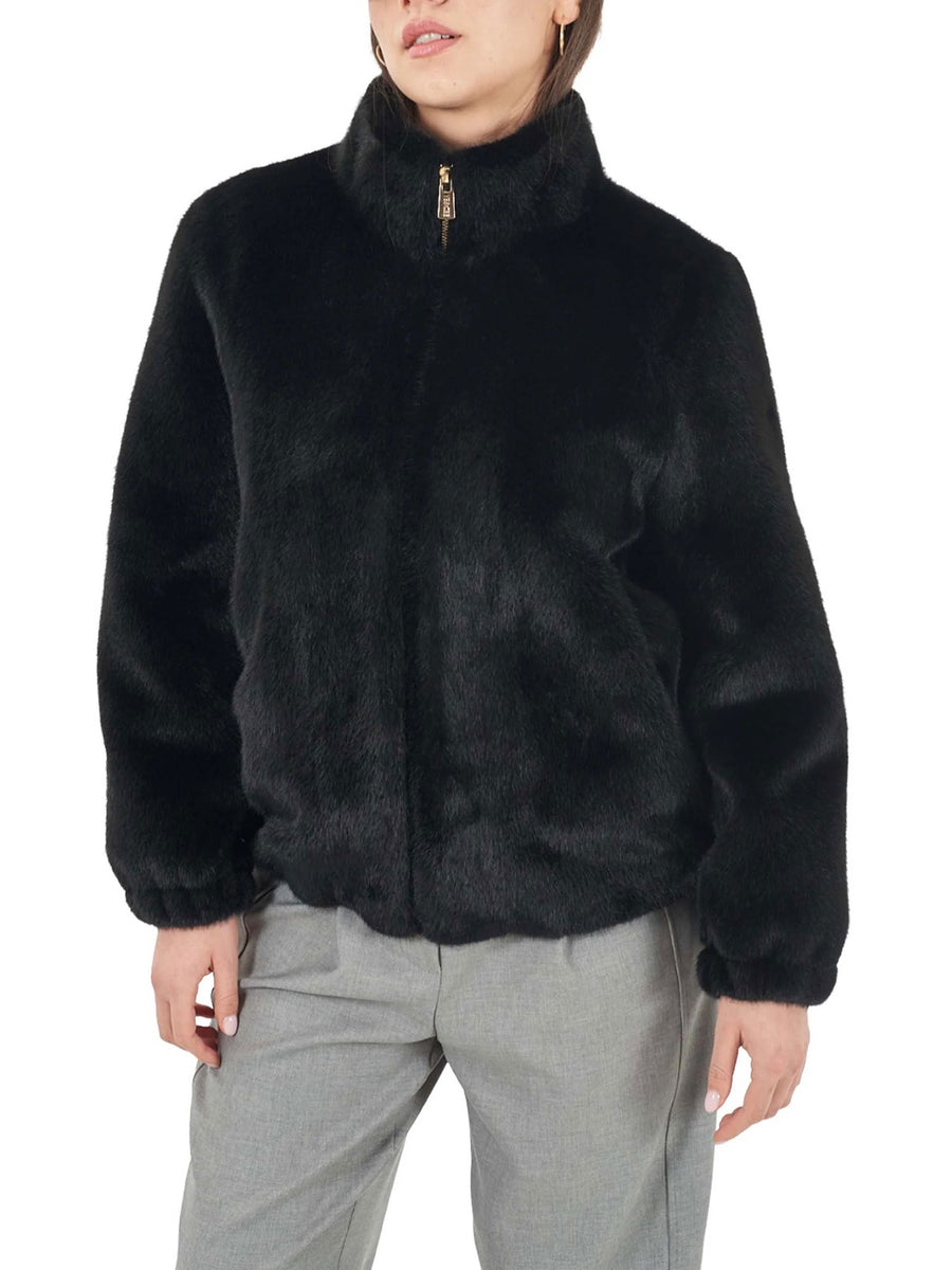 Ecopelliccia corta Yes Zee donna con zip nero
