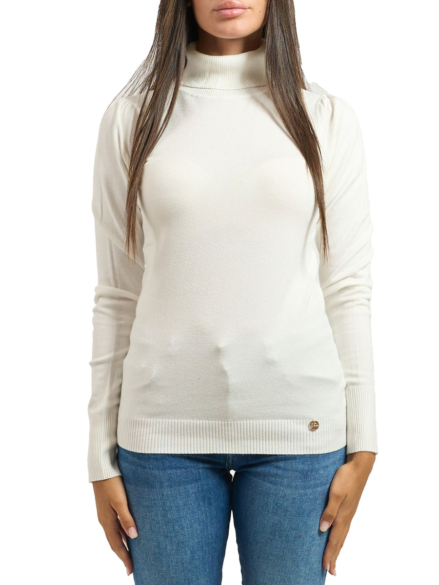Maglia dolcevita Yes Zee donna manica a sbuffo bianco