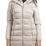 Piumino lungo parka Yes Zee donna con cappuccio e finto gilet removibile avorio