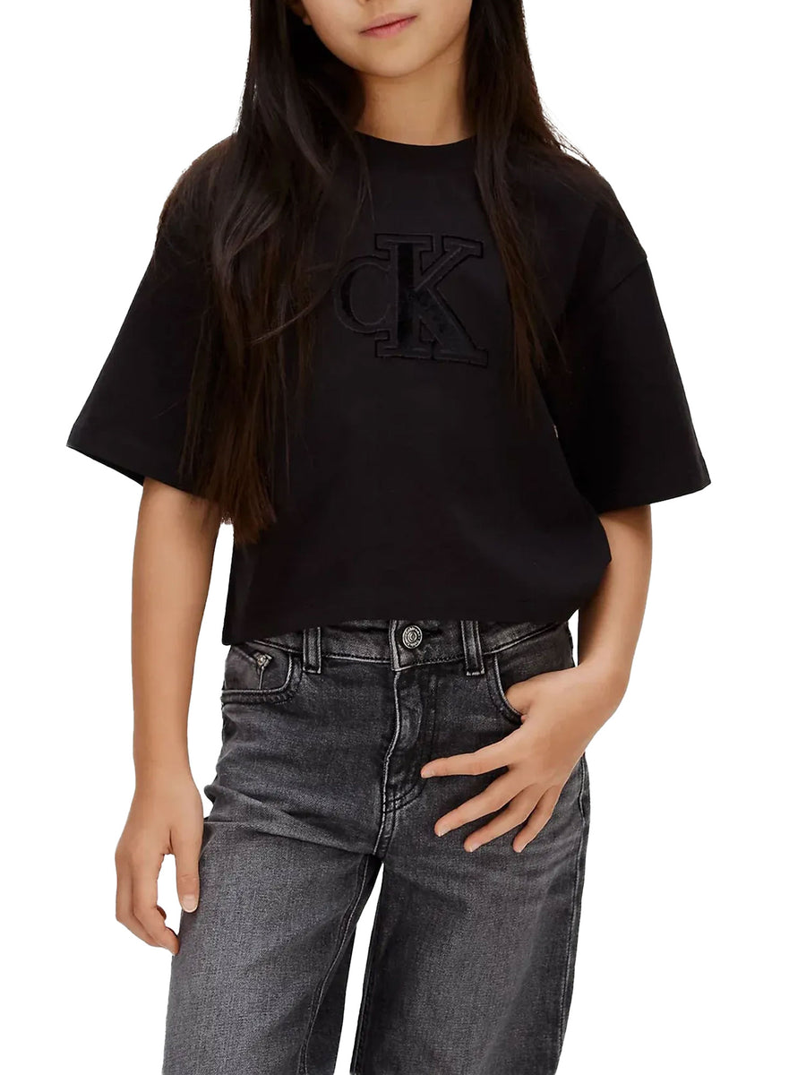 T-shirt Calvin Klein Bambina velvet monogram boxy nero