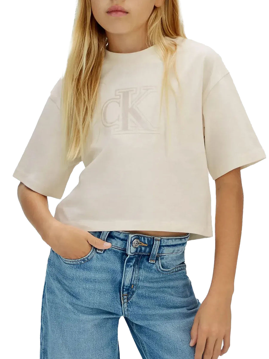 T-shirt Calvin Klein Bambina velvet monogram boxy beige