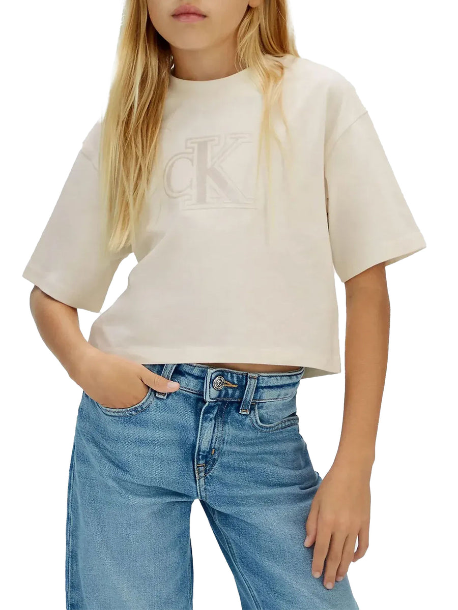 T-shirt Calvin Klein Ragazza velvet monogram boxy beige