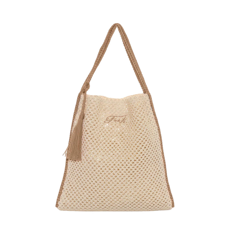 Borsa mare a spalla F**k Donna in rafia con nappina beige