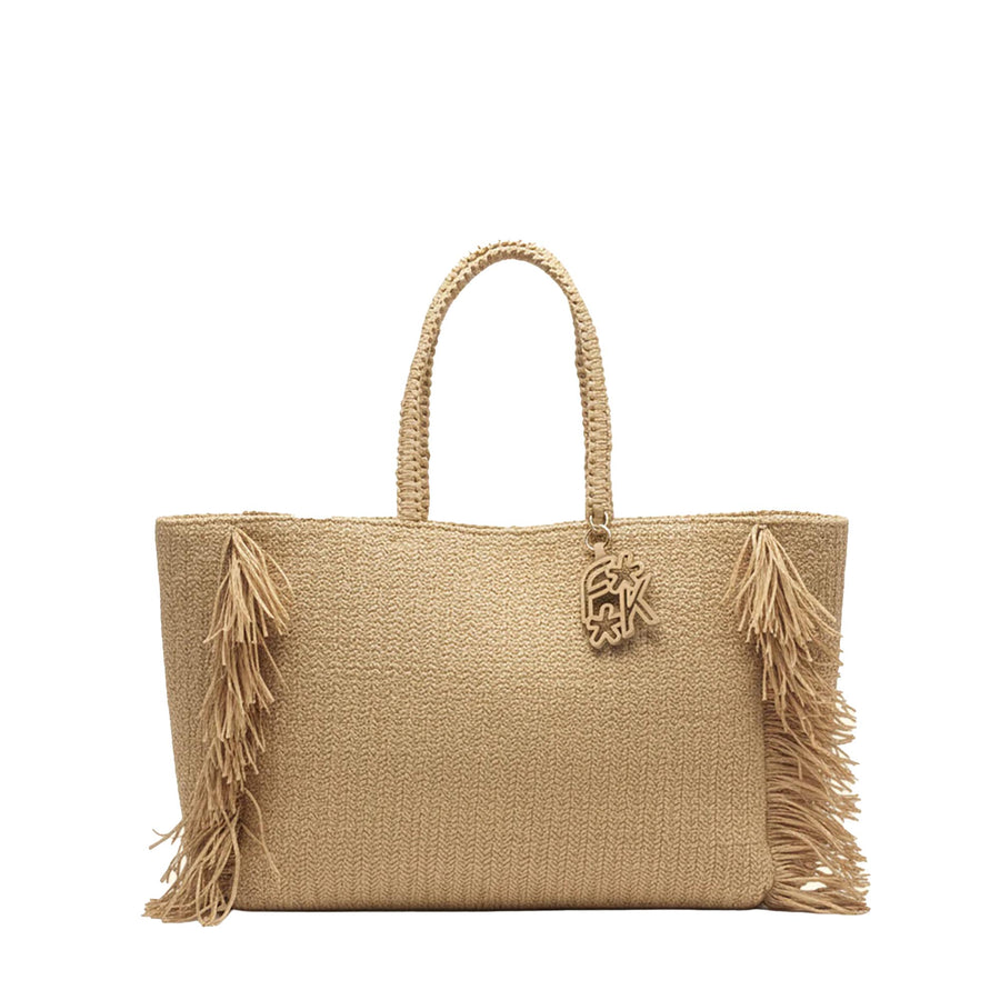 Borsa mare maxi F**k Donna in rafia con frange beige