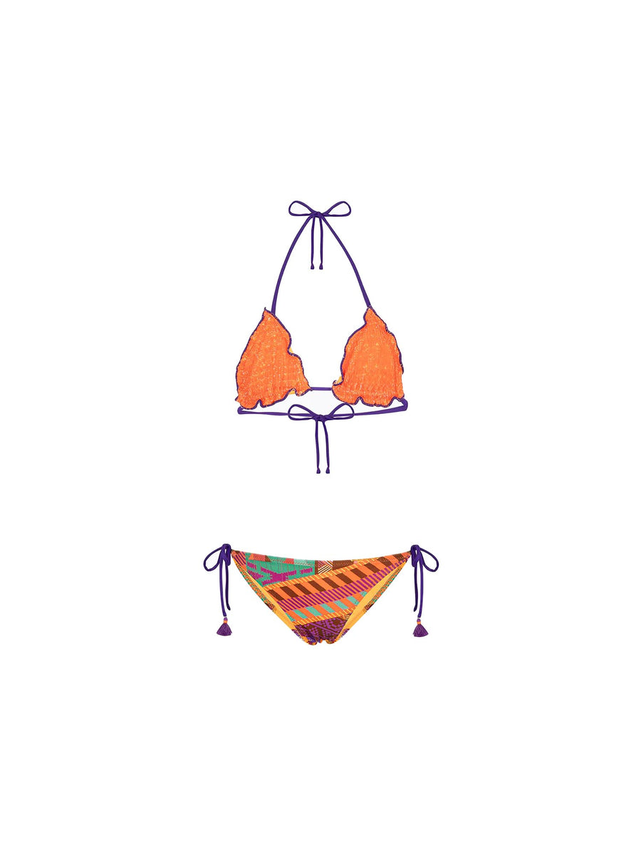 Bikini triangolo F**k Bambina con slip regolabile fantasia arancio/viola