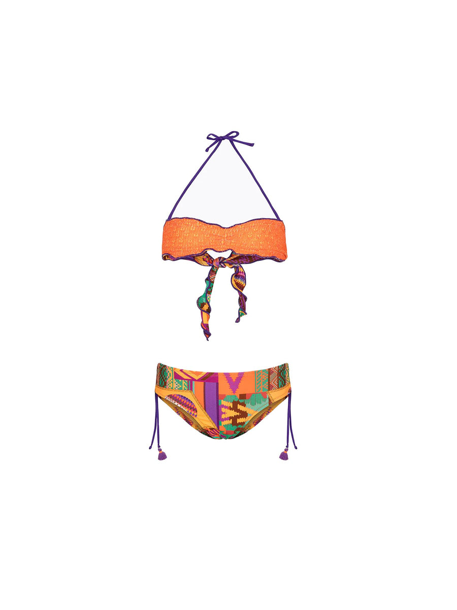 Bikini fascia F**k Bambina con slip fisso fantasia arancio/viola