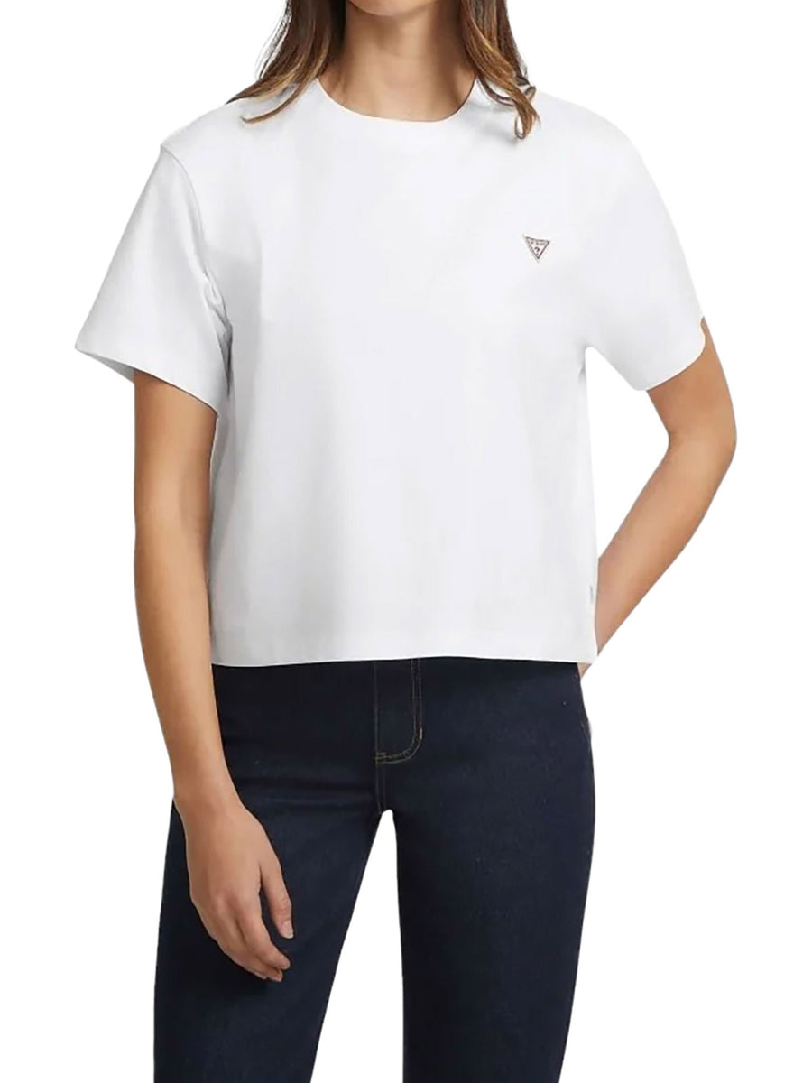 T-shirt Guess donna manica corta Boxy Mini Triangle bianco