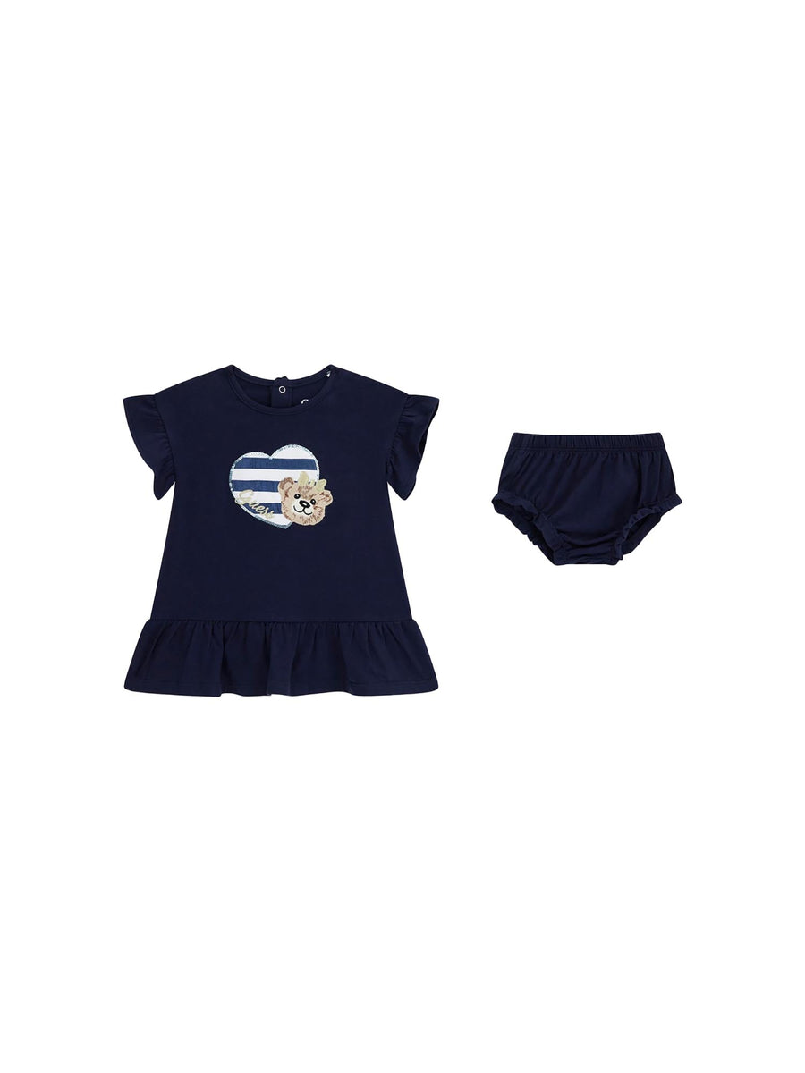 Completo Guess Neonata abito e panties con ricamo bear blu