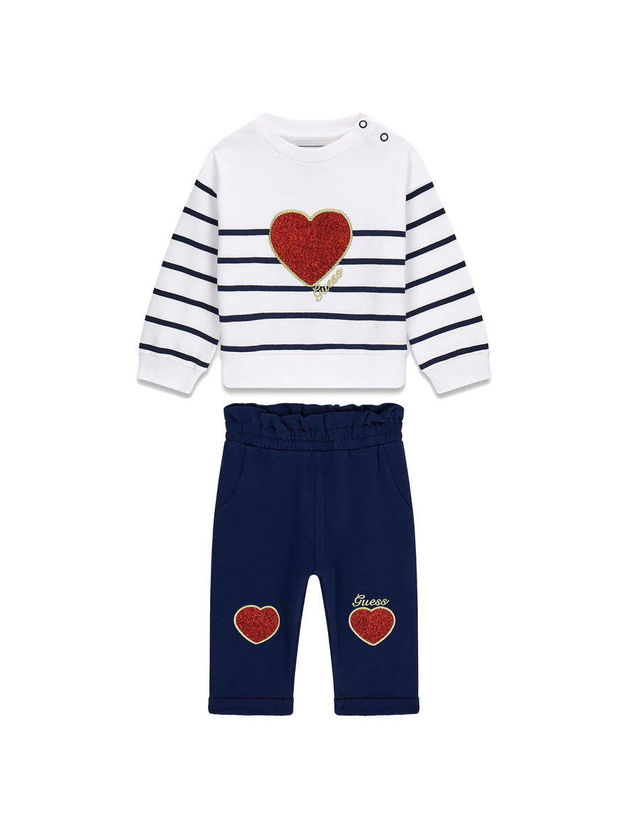 Completo Guess Neonata felpa e pantalone heart logo bianco