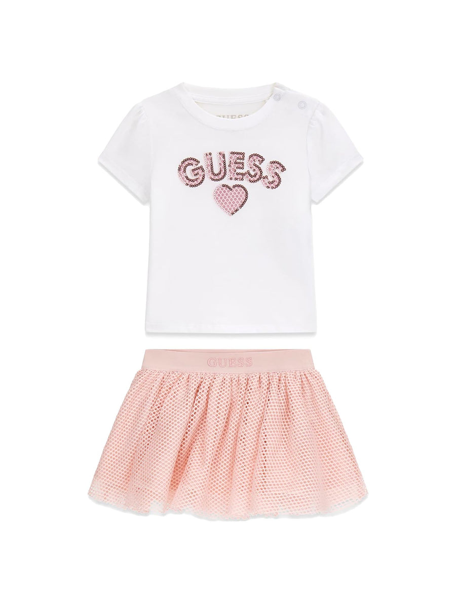 Completo Guess Neonata t-shirt e gonna paillettes logo bianco
