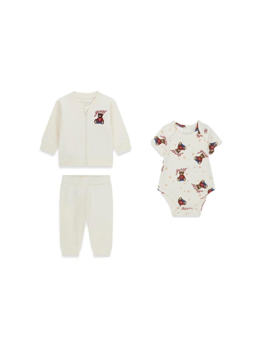 Completo Guess Neonata felpa, body e pantalone bear bianco