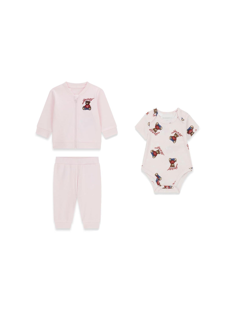 Completo Guess Neonata felpa, body e pantalone bear rosa