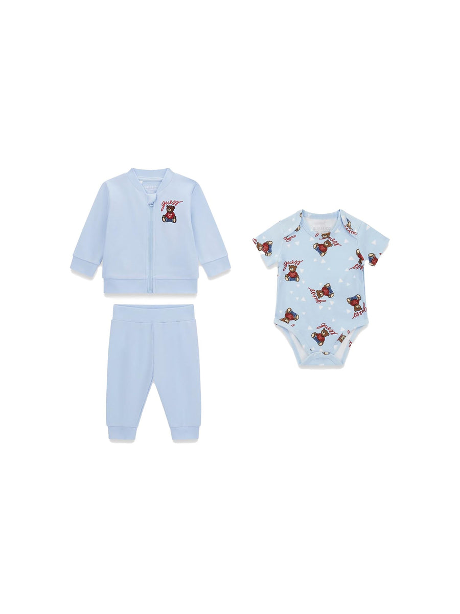 Completo Guess Neonato felpa, body e pantalone bear celeste
