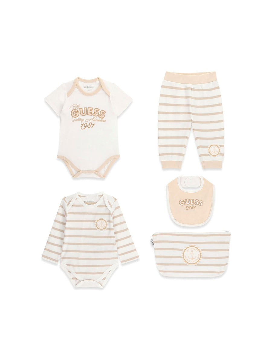 Completo Guess Neonato body, pantalone e bavetta bianco/beige