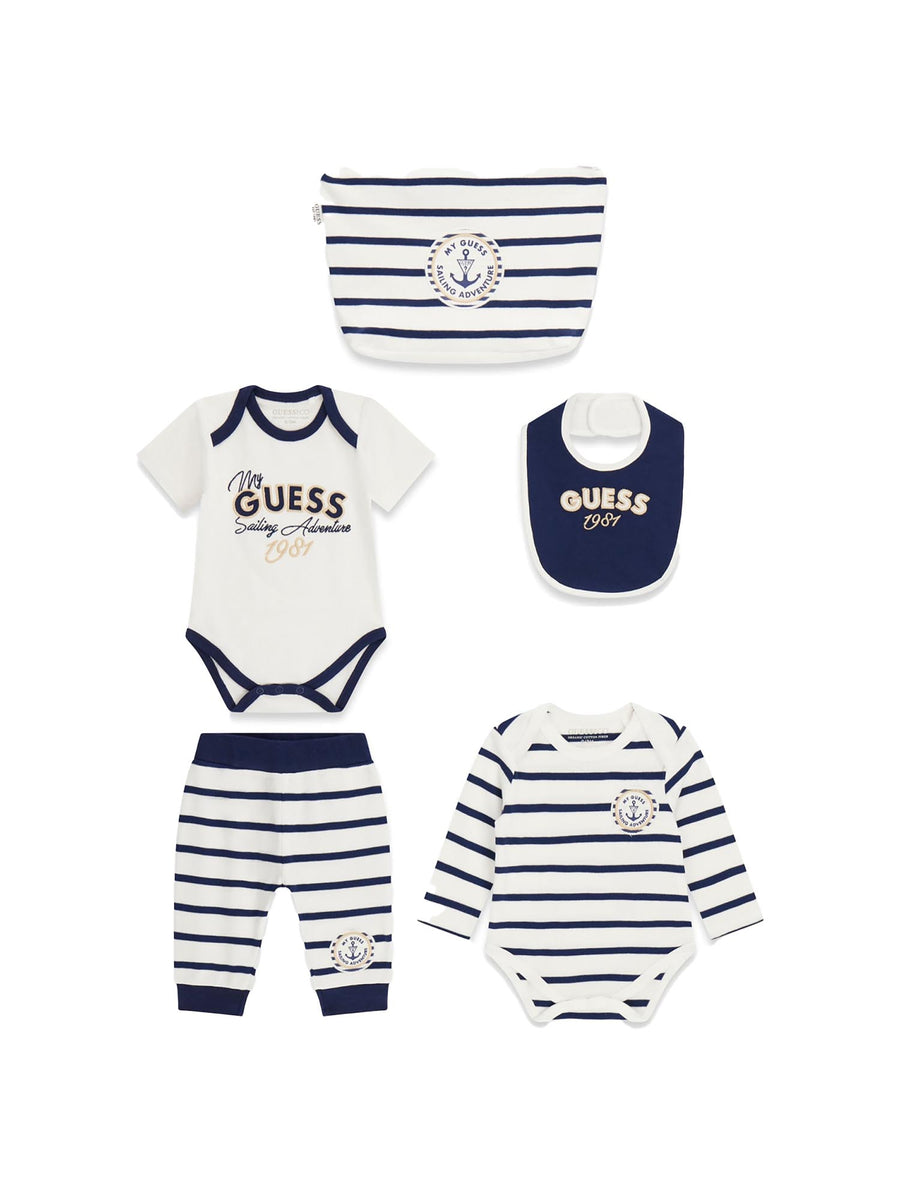 Completo Guess Neonato body, pantalone e bavetta bianco/blu