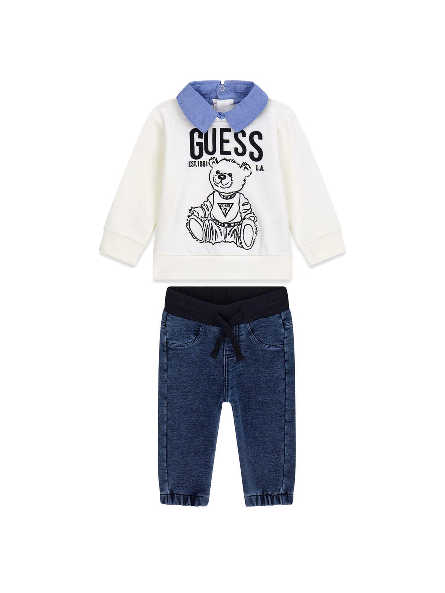 Completo Guess Neonato felpa e jeans ricamo bear bianco