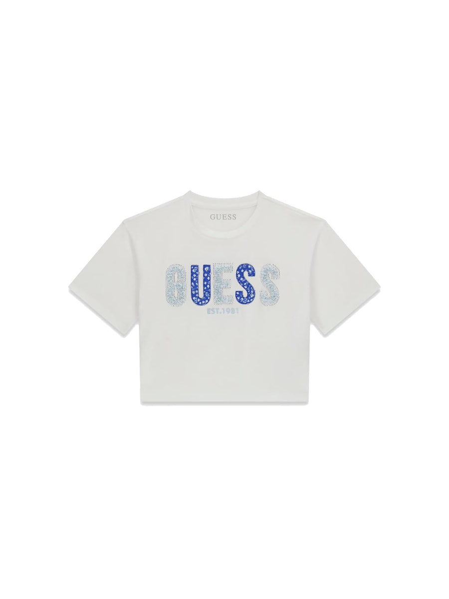 T-shirt Guess Bambina midi logo con strass bianco